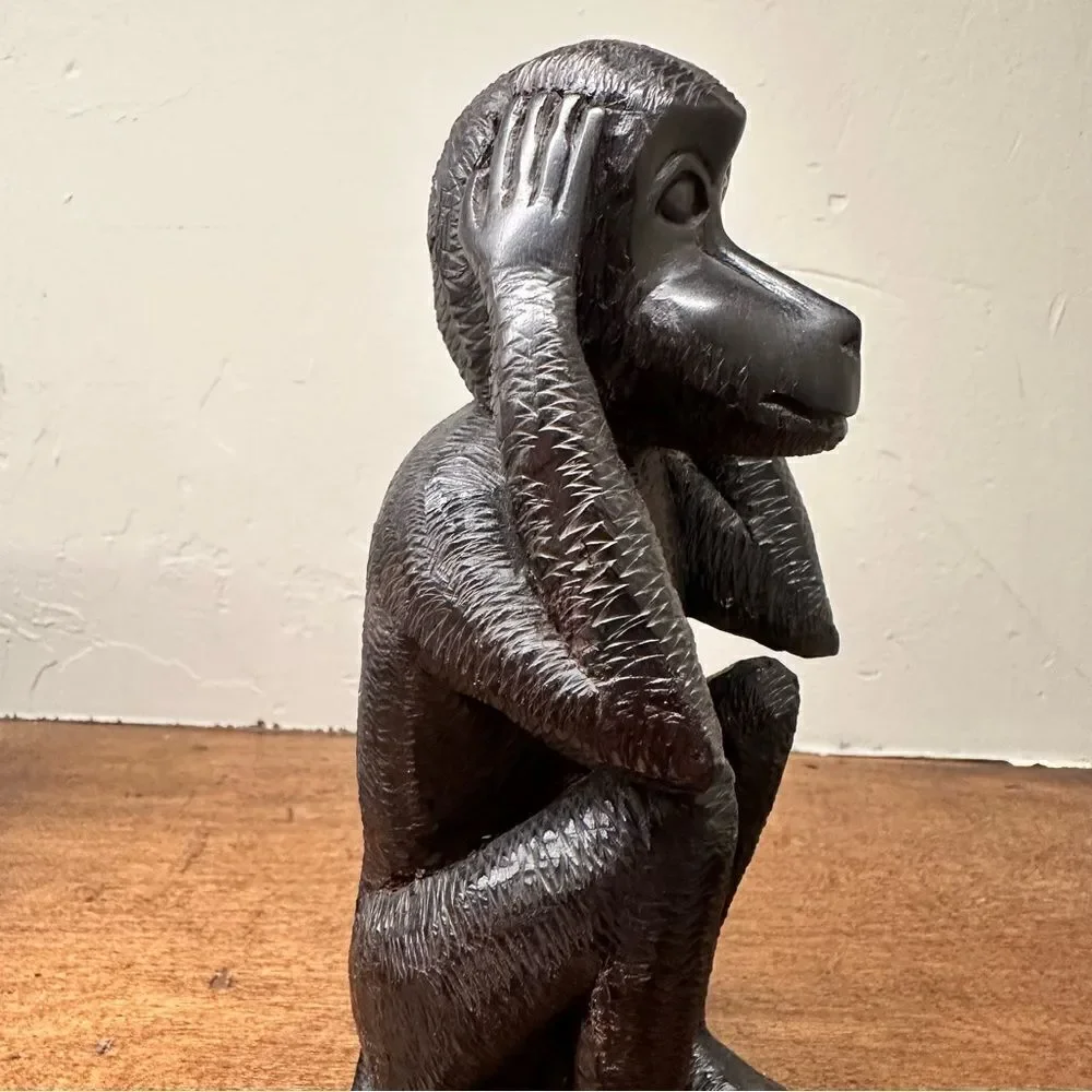 Vintage | Hand Carved ebony wood “HEAR NO EVIL” monkey wooden statue 6.5” - Picture 6 of 11